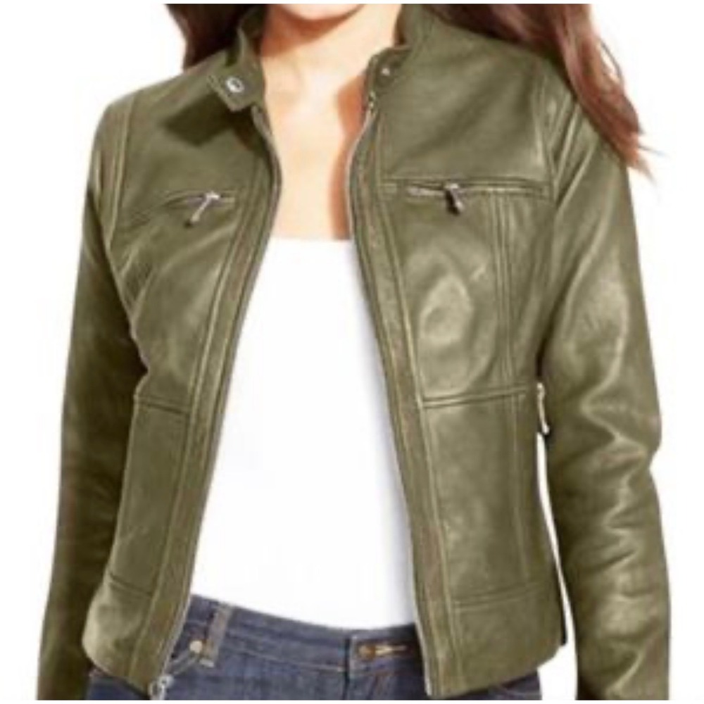 MICHAEL Michael Kors Leather Moto Jacket Size XS Green Sleek‎ Edgy Biker